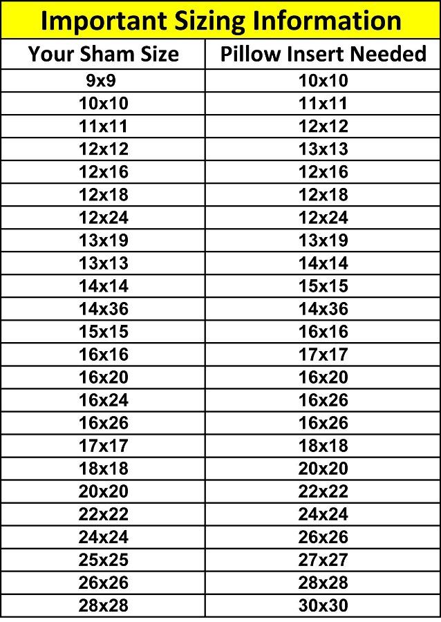 Sham Sizes Chart